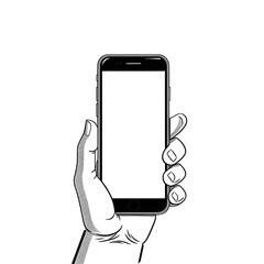 An illustrated minimalistic black and white drawn hand holding a mobile phone. Mockup illustration for moble devives.