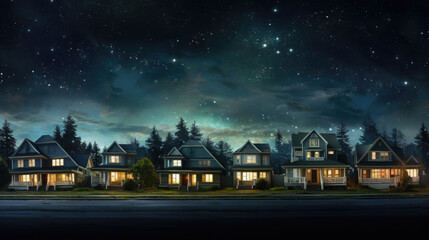 Row of classic family houses facades at night. Suburban neighborhood. Residential building with...