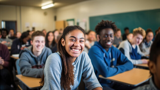 Happy teenage students in the classroom. Generative AI