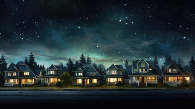 Row Of Classic Family Houses Facades At Night. Suburban Neighborhood. Residential Building With Illuminated Windows