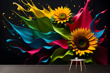 Słoneczniki, abstrakcyjne akrylowe kwiaty,  . Generative AI - obrazy, fototapety, plakaty