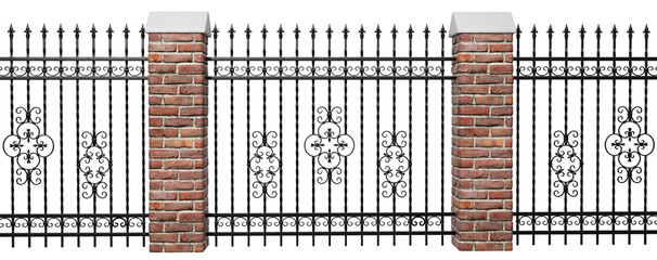 Elements of forded fence with supports. Wrought iron fence, brick supports. 3D render, PNG.