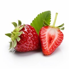 Strawberry whole and half with leaf isolated on white background