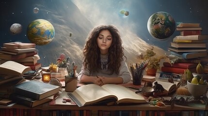 Illustration of school child reading a book. Made with Generative AI.