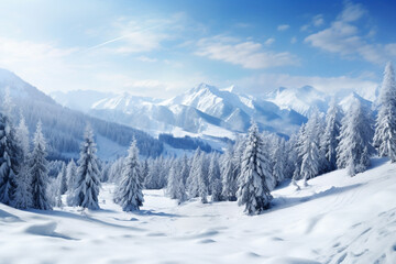 Snow covered mountains in winter, winter wonderland background