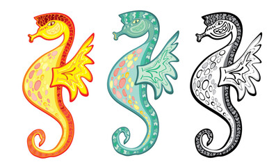 Beautiful seahorse set. Love tattoo design vector art clipart