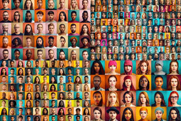 Collage of portraits of young people isolated over multicolored backgrounds. Concept of emotions, facial expression, fashion, beauty