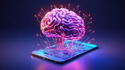The human brain is stuck to a smartphone on a purple background. Generative Ai