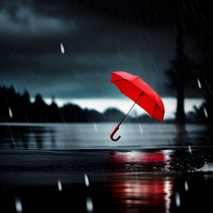 Czerwony parasol., deszczowa pogoda. Generative AI