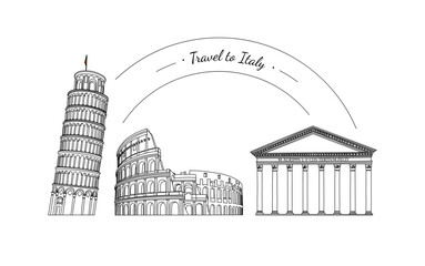 Fototapeta premium Hand-drawn lines of the Leaning Tower of Pisa, Colosseum, Pantheon on white background. Famous landmarks of Italy. Design of advertising banner of tourist destination. Stock vector illustration.