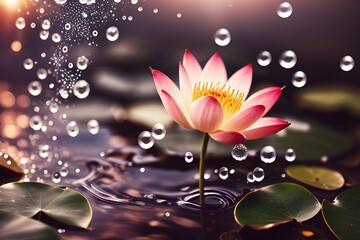 Flower lotus in dew drops. Generative AI