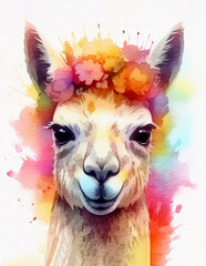 Cute llama alpaca smiling. Watercolor illustration created with Generative Ai technology