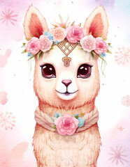 Obraz premium Cute llama in floral crown with pink roses. Watercolor illustration created with Generative Ai technology