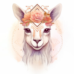 Llama alpaca floral boho portrait. Watercolor illustration created with Generative Ai technology