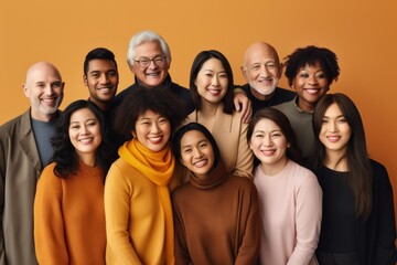 Group photography of diverse fictional people smiling. Generative AI illustration.