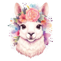 Cute llama alpaca in floral crown. Watercolor illustration created with Generative Ai technology