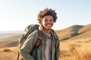 Fictional black man smiling and traveling with a backpack. Generative AI.