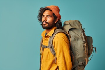 Fictional indian man traveling with a backpack. Isolated on a colored background.  Generative AI.