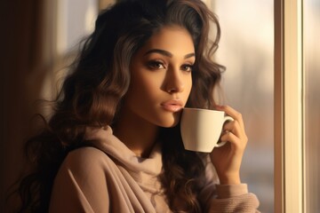 Fictional beautiful model sipping coffee and looking at the window. Melancholic woman. Generative AI.