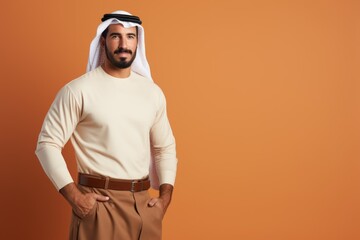 Fictional arabic man portrait. Isolated on a colored background.  Generative AI.