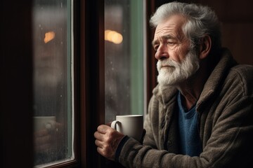 Fictional old man with a cup of coffee looking at the window. Melancholic portrait. Generative AI.
