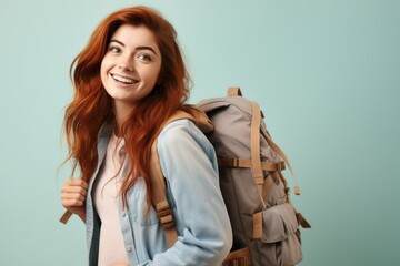 Fictional redhead woman with a backpack. Isolated on a colored background.  Generative AI.