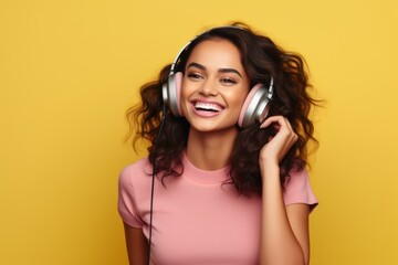 Fictional yound woman smiling, listening music with a headset. Isolated on a colored background.  Generative AI.