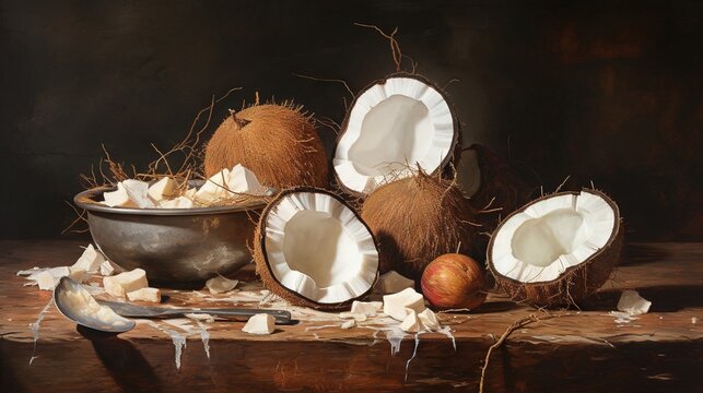  a painting of coconuts and a bowl of coconuts.  generative ai
