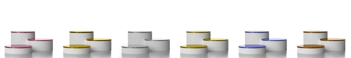 Blank circle podium stands with metallic surfaces, 3D cylindrical pedestal display.  Column platform pillar for display product in six different colors. Empty stands for presenting products