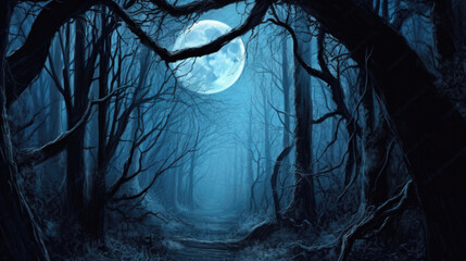 An illustration of a spooky dark forest with branches without leaves illuminated by a full moon.