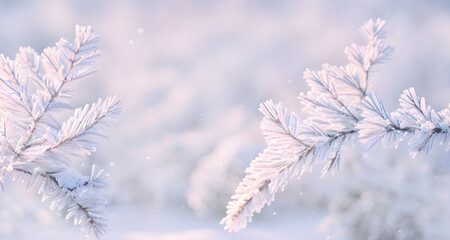 Zimowe pastelowe tło, gałęzie w sniegu. Generative AI - obrazy, fototapety, plakaty