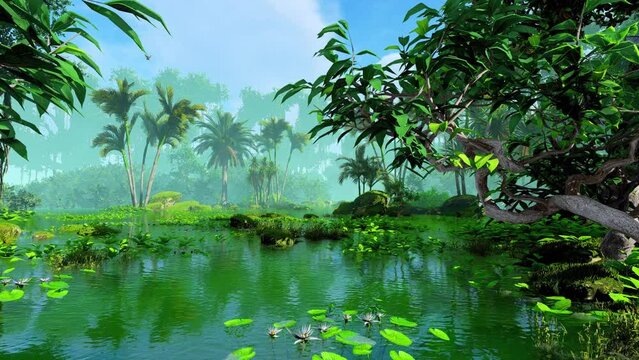 Tropical forest and swamp in a 3D animation