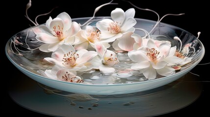  a bowl filled with water and white flowers floating in it.  generative ai