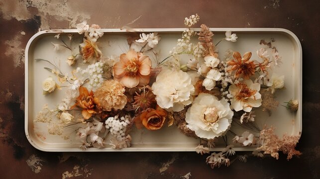  a white tray with flowers on it on a brown surface.  generative ai