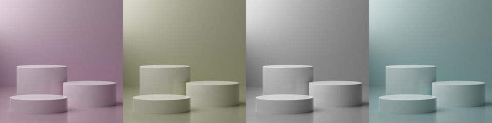 Blank circle podiums stands, 3D cylindrical pedestal display.  Column platform pillars for display product in four different colors. Empty stands for presenting products