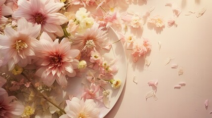  a white plate with pink flowers on a pink tablecloth.  generative ai
