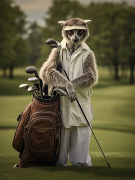 A Lemur Dressed up as a Golfer on a Golf Course | Generative AI