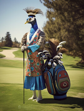 A Peacock Dressed up as a Golfer on a Golf Course | Generative AI