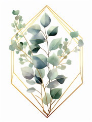 Watercolor green eucalyptus with golden frame isolated on white background, ai generated