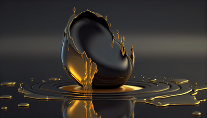 black egg broken and releasing golden liquid 