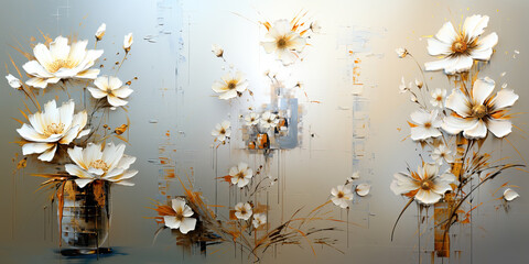 Oil and acrylic painting, abstract painting white flowers with textures.