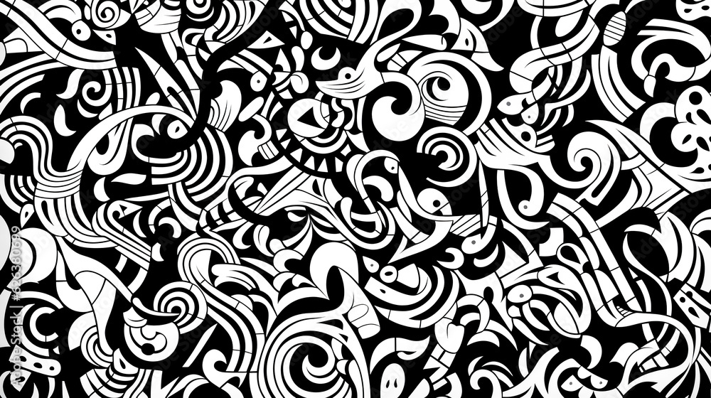 Poster he creates a random black and white pattern on a clear white background.