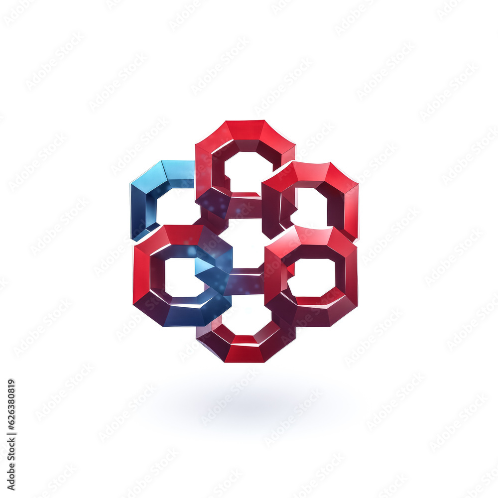 Poster a red logo with a blockchain theme sits atop a clear white background.
