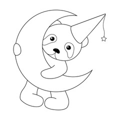 Coloring. The contour of a cute panda with the moon in his hands and a cap on his head on a white background. Vector illustration. Beautiful black and white animal.