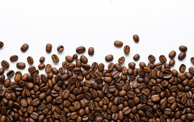 Coffee beans top view on a white background space for text