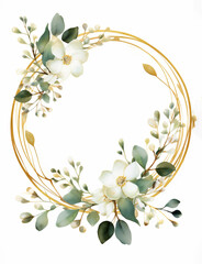 Aquarelle green and gold eucalyptus round frame with white background and copy space, ai generated