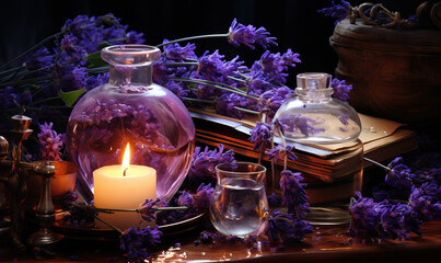Obraz na płótnie Canvas Aromatherapy, lavender bouquet, lit candles on the table.