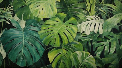  a painting of a jungle with large green plants and leaves.  generative ai