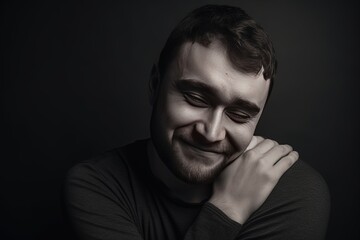 Obraz premium Portrait of a white mid aged man hug himself on a dark background, monochrome photo.