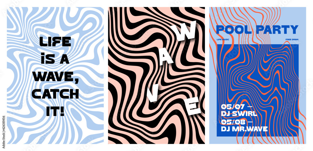 Fototapete Set of Psychedelic Posters with Wave Pattern. Vector Backgrounds with Swirl Line. Abstract Water Ripple Illustration. Posters with Frame, Letters and Quotes